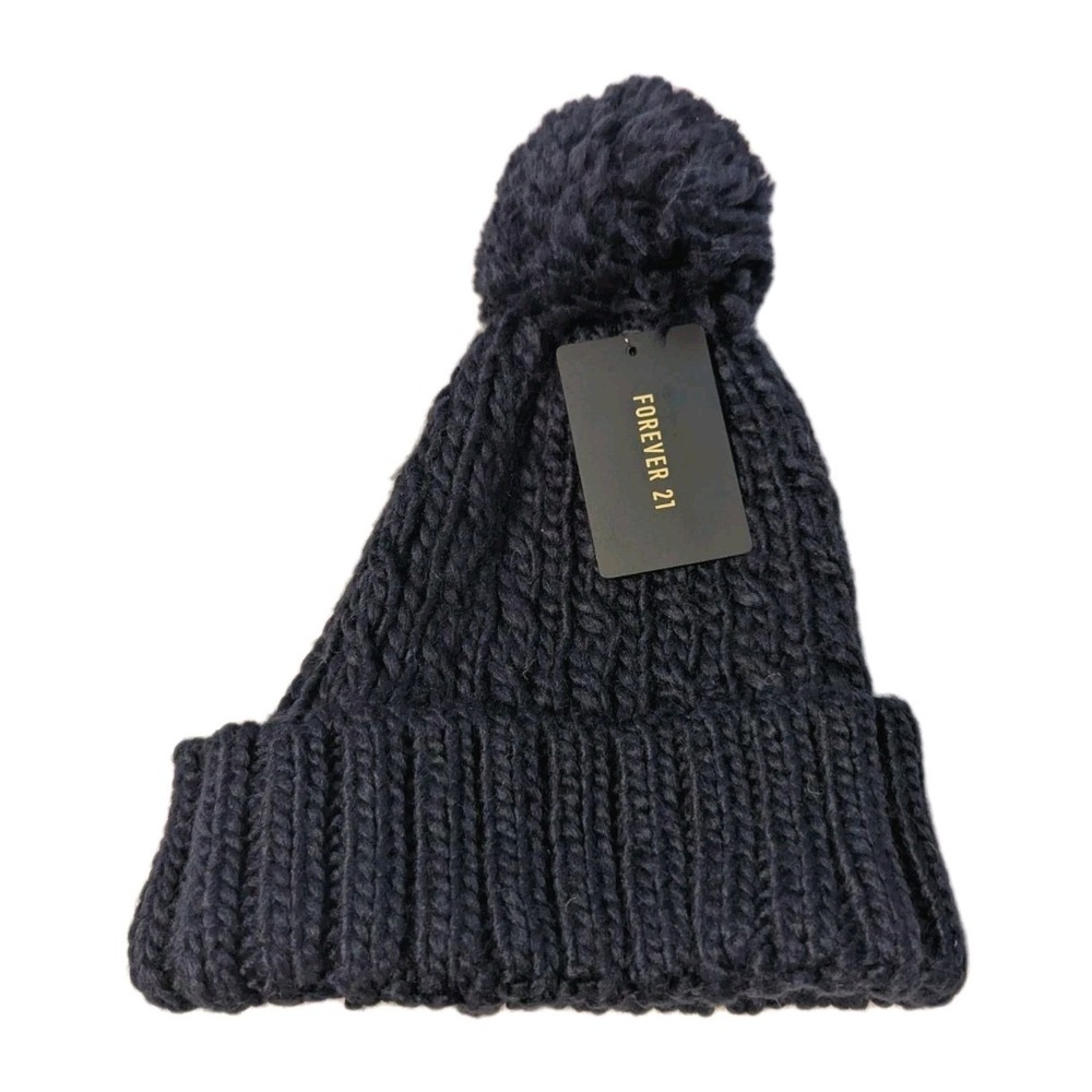 Forever 21 Womens Cable Knit Hat Pom Pom Beanie‎ Hat Navy Blue One Size Stretchy